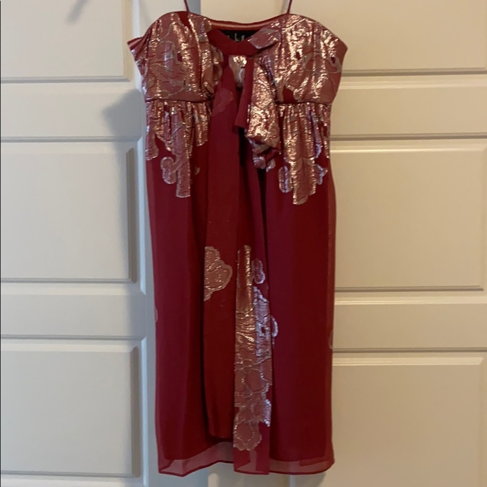 Nicole Miller strapless silver burgundy minidress